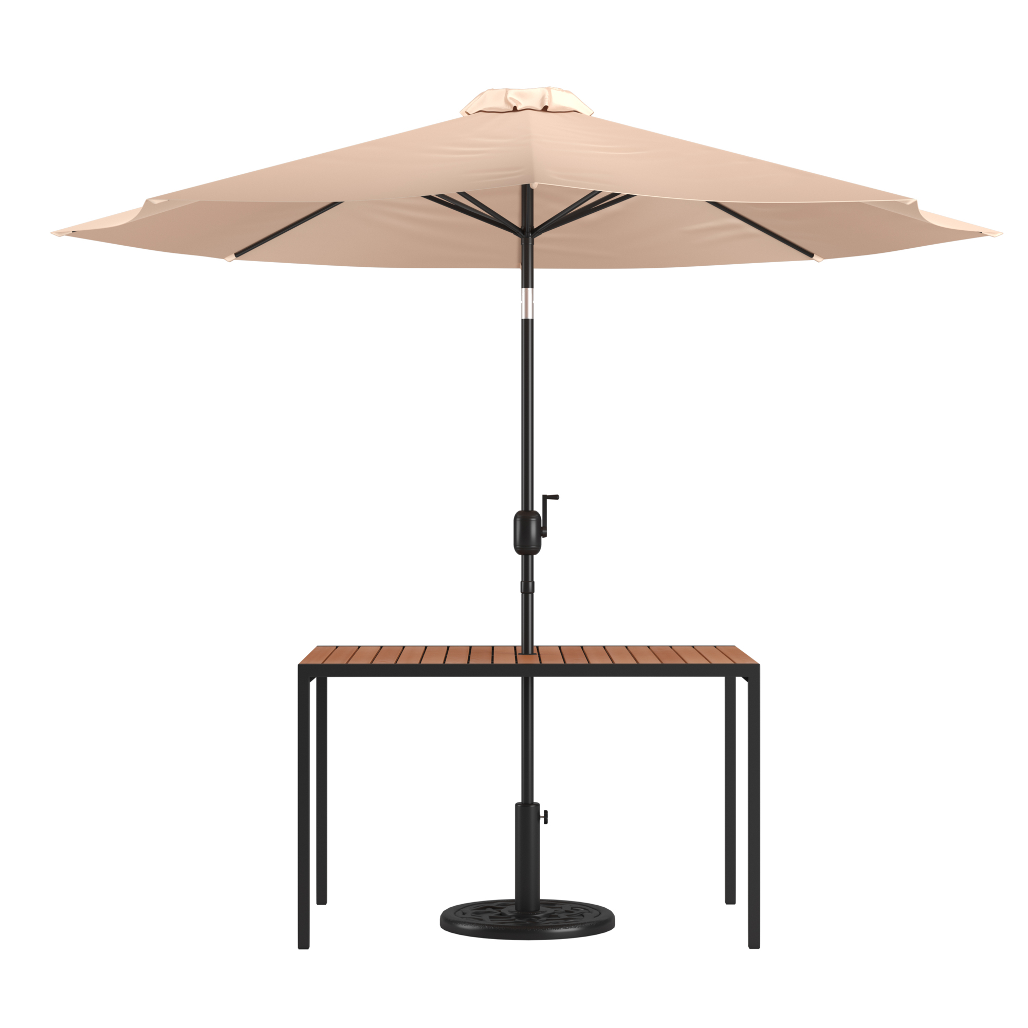 Flash Furniture, Faux Teak 30 x 48 Patio Table-Tan Umbrella Base, Table Shape Rectangle, Primary Color Beige, Height 29.5 in, Model# XU3048UB19BTN
